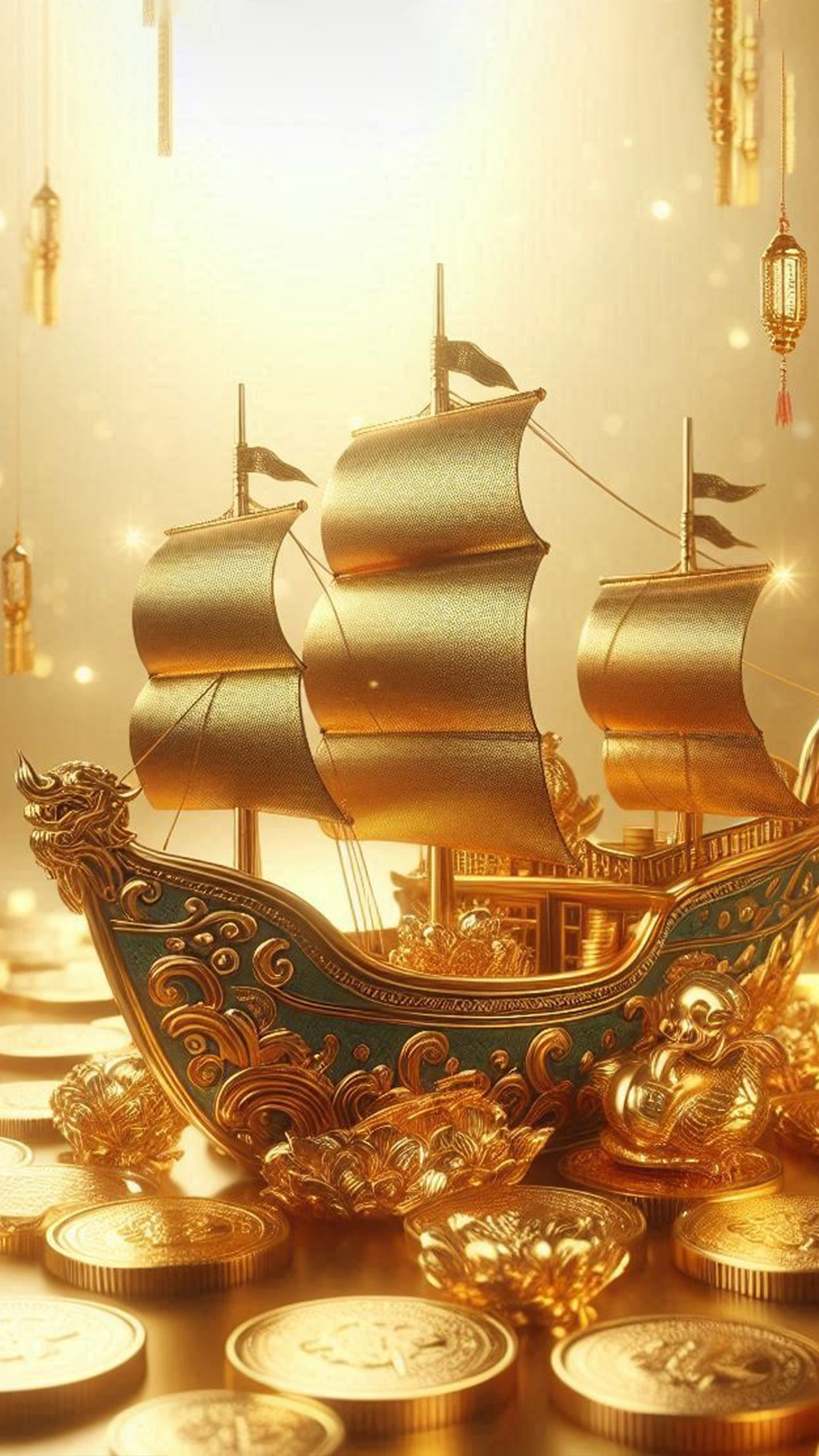 金貨が溢れる宝船 最強金運アップ待ち受け画像、宝くじ高額当選！？ 大金神社